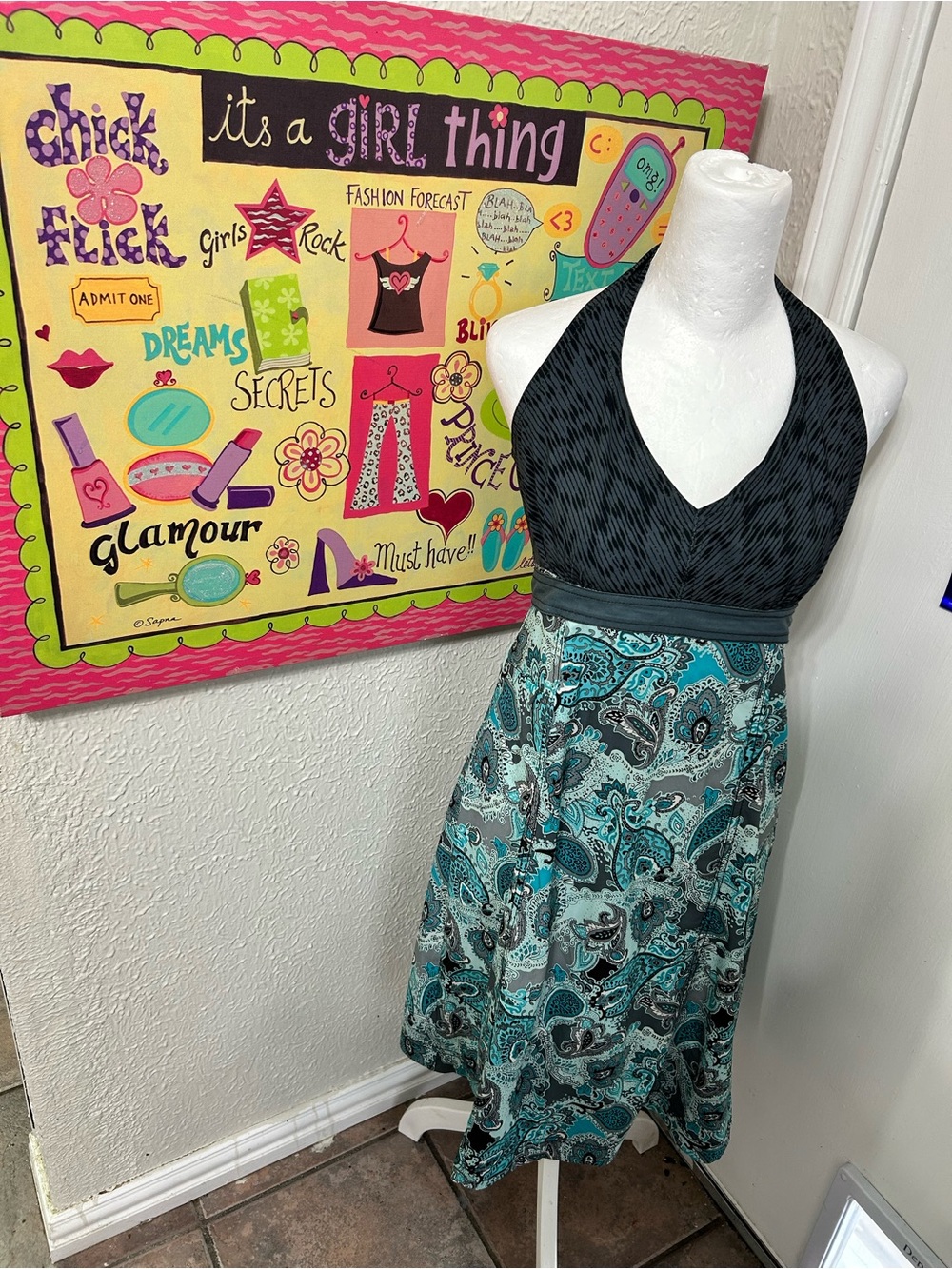 Athleta Teal Paisley Backless Halter Dress with Black Bodice